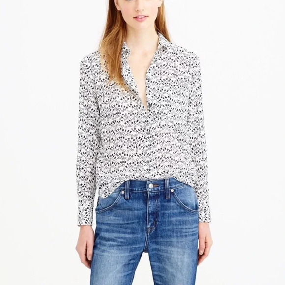 J.Crew Club Collar Classic Silk Key Print Blouse - Picture 1 of 5